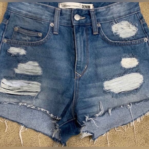 Lovers + Friends NWT Jack High Rise Distressed Denim Shorts Fairfax Blue Size 29 - Picture 5 of 8